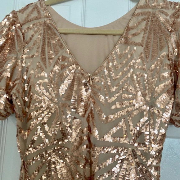 Drark Blush Pink Sequin Short Sleeve Dress 
Crew Neck, Back V-Neck Lined Size L - Picture 4 of 6